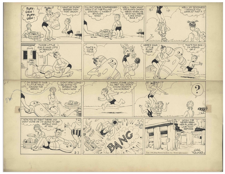 Chic Young Hand-Drawn ''Blondie'' Sunday Comic Strip From 1938 -- Dagwood Gets Into Mischief at the Beach